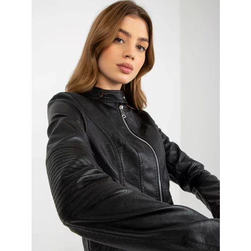 Fashion Hunters Women's black motorcycle jacket made of artificial leather with stitching