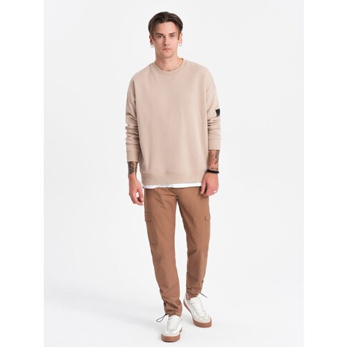 Ombre Men's pants with cargo pockets and leg hem - light brown Cene