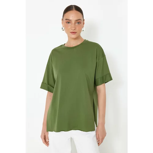 Trendyol Khaki 100% Cotton Double Sleeve Asymmetrical Boyfriend Knitted T-Shirt