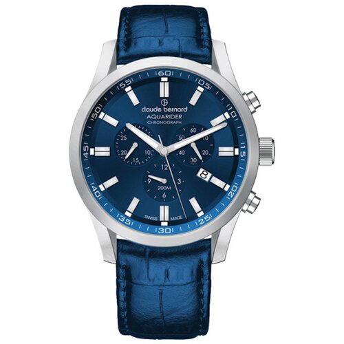 Claude Bernard muški aquarider chronograph plavi srebrni elegantno sportski ručni sat sa teget kožnim kaišem Slike