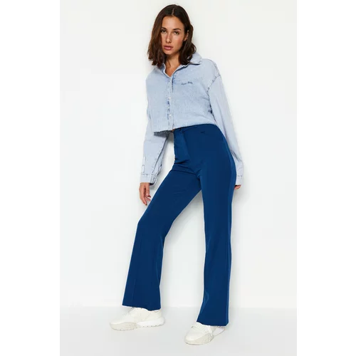 Trendyol Navy Blue Ribbed Flare Woven Trousers