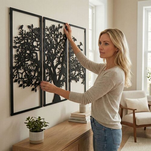 Wallxpert metalni zidni ukras 5121, drvo sa pticama u 3 uramljena panela, 75 x 50 cm, crni Cene
