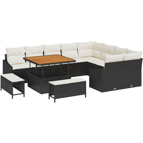 vidaXL 12-delna garnitura zunanjega pohištva s blazinami Črna poli ratan akacija, 2-sedežna zunanja sofa s shranjevanjem in blazinami Črna poli ratan, 3-delni set za zunanjo jedilnico s blazinami Črna poli ratan akacija Cene