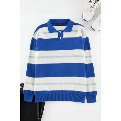 Trendyol Saks Oversize Polo Collar Striped Knitwear Sweater