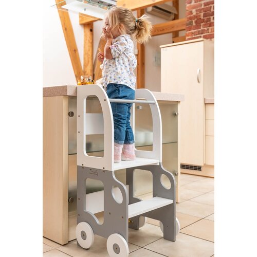 ToddlerInFamily 2v1 MONTESSORI STOL�EK POMAGAL�EK-MOTIV AVTO (VE� BARV)-Bela/Siva Cene
