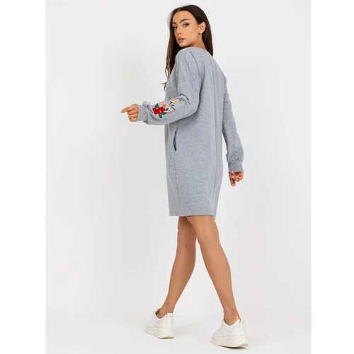 Fashion Hunters RUE PARIS gray sweatshirt dress with embroidery and pockets