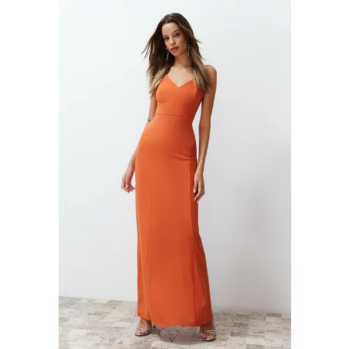 Trendyol Orange Fitted Long Woven Elegant Evening Dress