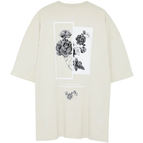 Trendyol Stone Men's Large Size Oversize Comfortable Flower Printed 100% Cotton T-Shirt