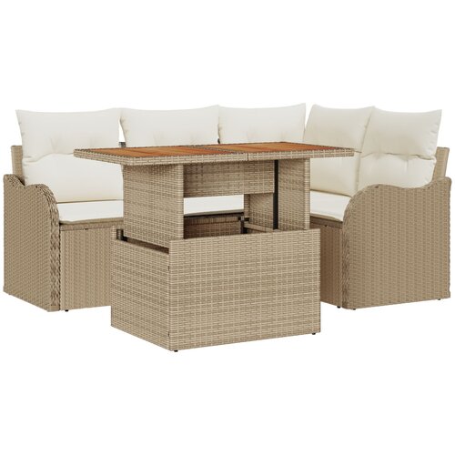 VidaXL 5-dijelni vrtni sofa set s jastučićima, bež poli ratan, akacija, 2-sjedni vrtni sofa s jastučićima, bež poli ratan Slike
