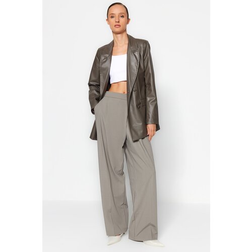 Trendyol Anthracite Imitation Leather Regular Lined Double Breasted Closed Woven Blazer Jacket Slike
