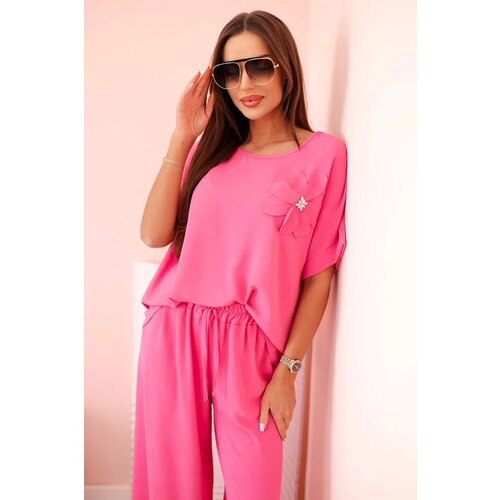 Kesi Włoski Women's viscose set with decorative flower and wide trousers - pink Cene