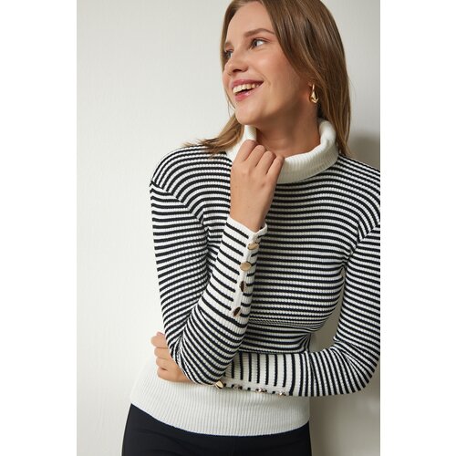 Women's Ecru Black Turtleneck Knitwear Sweater with Buttons and Buttons Slike