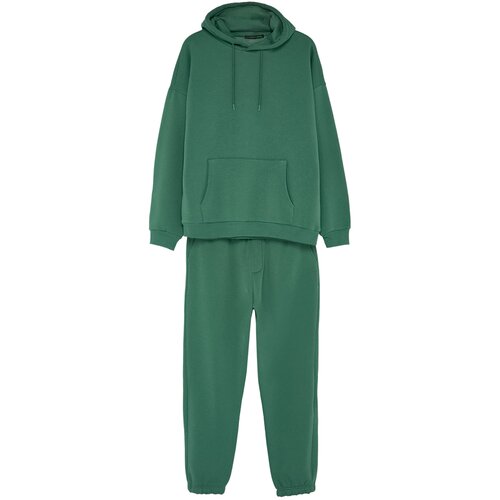 Trendyol Green Men&amp;#039;s Oversize Basic Hooded Elastic Legs Basic Inner Soft Fluffy Cotton Tracksuit Set Slike