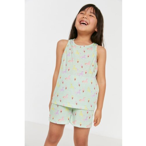Trendyol Mint Printed Girls Knitted Pajamas Set Slike