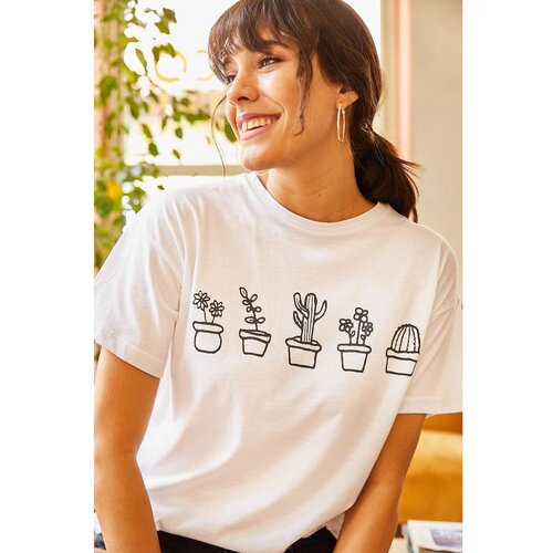 Olalook Women's White Cactus Printed T-shirt Cene