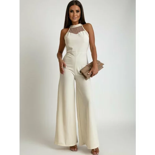 Fasardi Cream jumpsuit with wide legs and stand-up collar