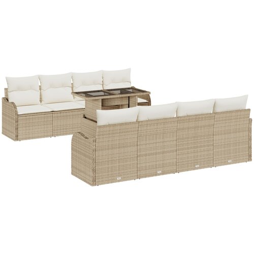 VidaXL 9-dijelni vrtni sofa set s jastučićima - bež poli ratan, 2-sjedala vrtni sofa s jastučićima - bež poli ratan Slike
