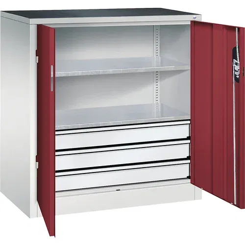 C+P Delavniška stranska omarica s krilnimi vrati in predali, VxŠxG 1000 x 930 x 500 mm, svetlo sive / rubinasto rdeče barve
