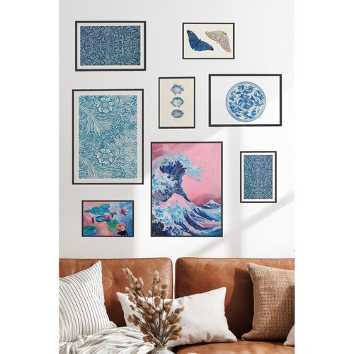 Wallxpert set od 8 uramljenih slika Çgs-058, plavi motivi – veliki talas u roze tonovima, cvetne šare, leptiri i porcelanski tanjir, crni ram Cene