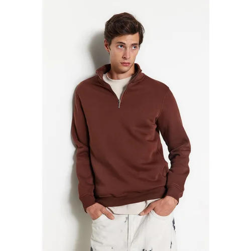 Trendyol Brown Regular Cut Stand Collar Zippered Cotton Basic Sweatshirt