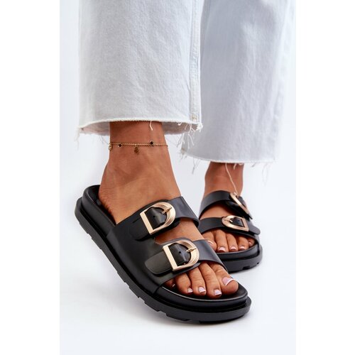 Kesi Women's eco leather slippers with buckles, black Valmira Slike