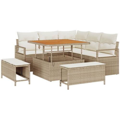 vidaXL 8-dijelni set vrtnog namještaja s jastučićima Bež Poli Rattan Akacija, 2-sjedalna vrtna sofa s jastučićima Bež Poli Rattan, 3-dijelni set za objedovanje u vrtu s jastučićima Bež Poli Rattan Akacija Cijene