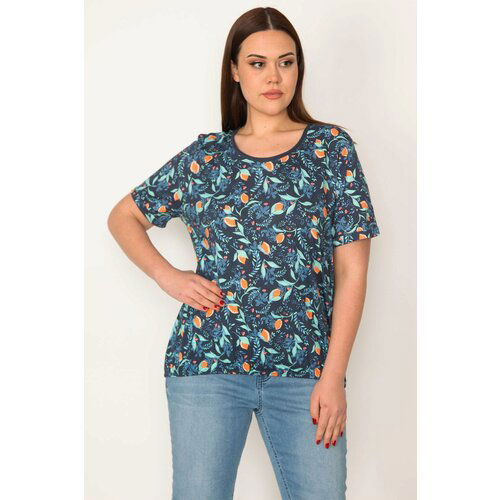 Şans Women's Plus Size Navy Blue Cotton Fabric Crew Neck Floral Patterned Blouse with Elastic Hem Slike