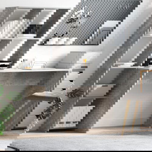 VidaXL Stol s policom Beton siva 138.5 x 55 x 143 cm Konstruirano drvo Slike