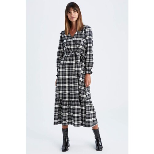 Defacto Wrap Collar Plaid Flanel Midi Long Sleeve Dress Slike