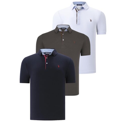 Dewberry TRIPLE SET T8582 MENS T-SHIRT-NAVY BLUE-WHITE-KHAKI Slike