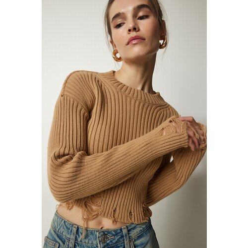 Happiness İstanbul Women's Biscuit Ripped Detail Knitwear Crop Sweater Slike