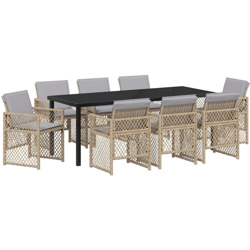 VidaXL 9-dijelni set vrtne blagovaonice s jastučićima bež poli ratan, vrtni stol crni 200x80x73 cm kaljeno staklo Slike