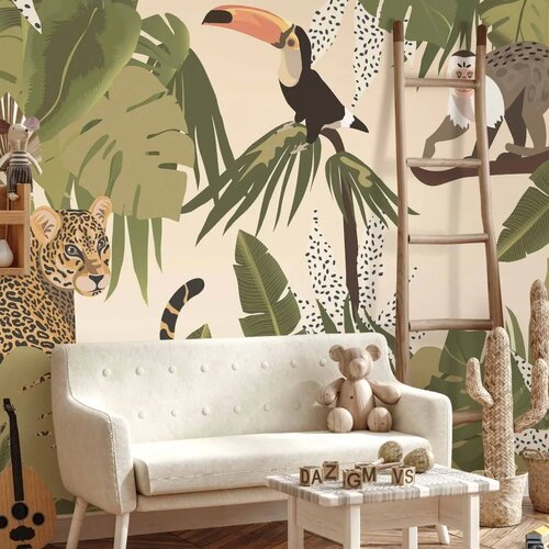  Foto tapeta - Leaves and Shapes - Jungle in Faded Colours With Animals 500x350 Standard Cene