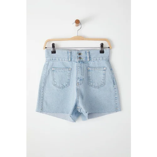 Trendyol Light Blue Pocket Detailed Double Buttoned Cut-Out High Waist Mini Denim Shorts