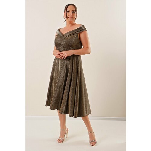 By Saygı Double Madonna Collar with a slit in the front and Lined, Silvery Plus Size Dress Gold. Slike