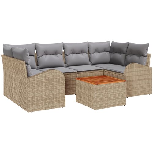 VidaXL 7-dijelni vrtni sofa set s jastučićima Bež Poly Ratan Akacija, 2-sjedajna vrtna sofa s pohranom i jastučićima Bež Poly Ratan Slike