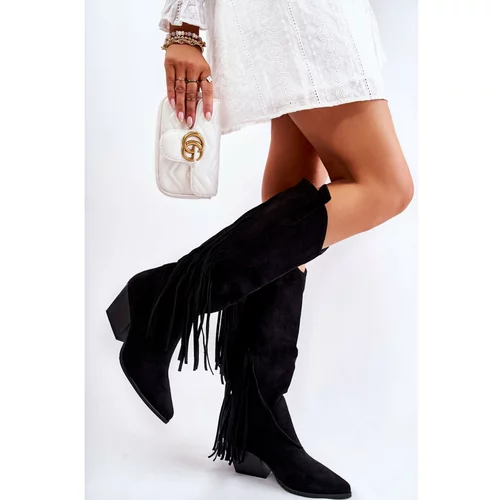Kesi Women's Suede Cowboy Boots With Fringes Black Simplo