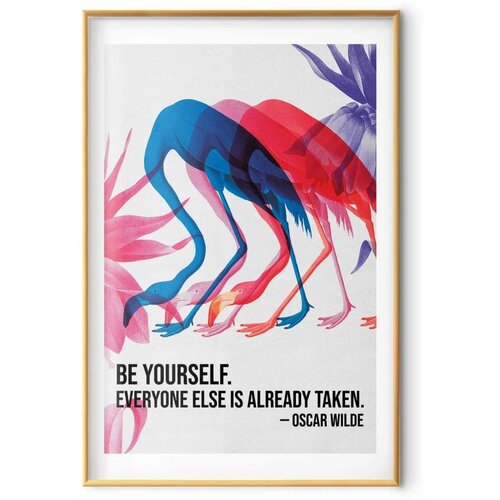  Plakat - Colorful Repetition - three flamingo silhouettes with an inspiring quote 40x60 Zlatni okvir s margom Slike