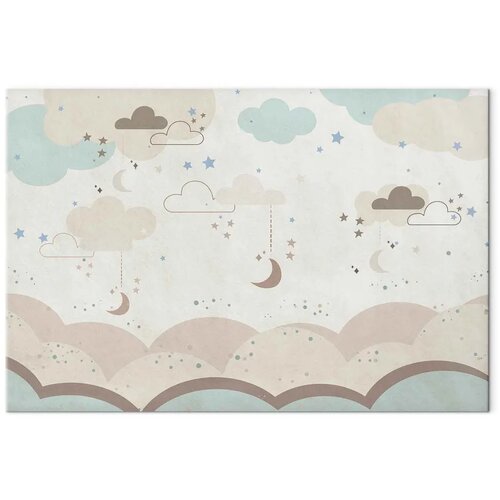  Slika - Cloudy Night Sky - Moons in Brown and Beige Hues Among Clouds and Numerous Little Stars on a Light Background 90x60 Prem Slike