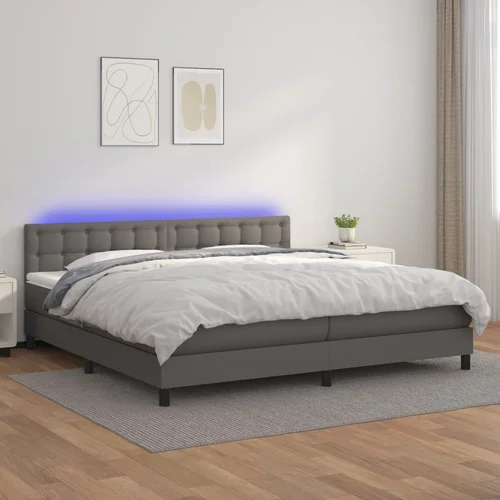 The Living Store Box spring postelja z vzmetnico LED siva 200x200cm umetno usnje - Box Spring Postelja, (21521330)