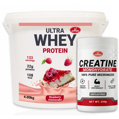 Olympic Ultra Whey Protein Malina Čiz-kejk 4kg + Creatine Monohydrate 500g Cene