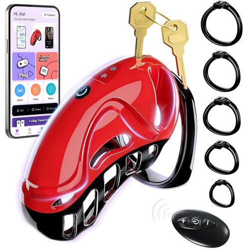 SuperLove LockHim Vibrating Chastity Cock Cage with Remote &amp;amp; App Red Slike