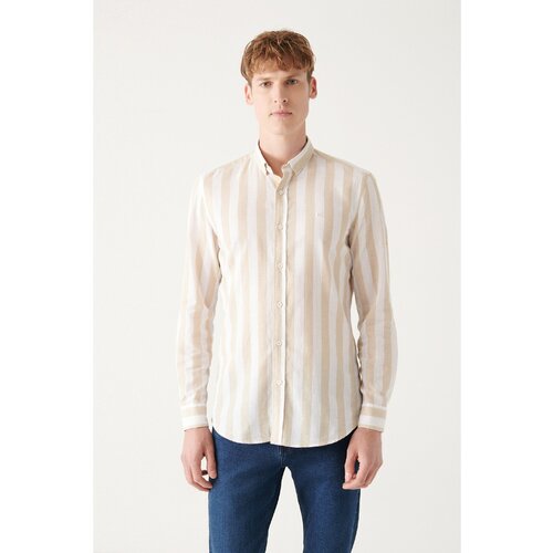 Avva Men's Beige Cotton Linen Buttoned Bottom Collar Striped Standard Fit Regular Fit Shirt Cene
