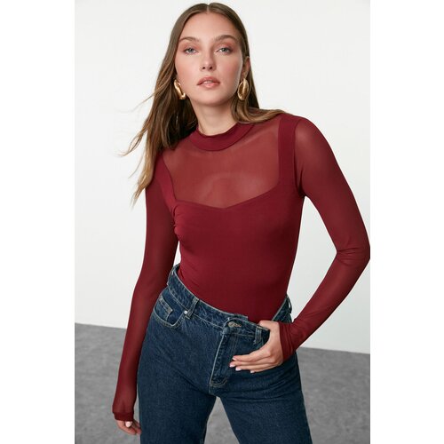 Trendyol Claret Red Fitted Tulle Detailed Long Sleeve Stand Collar Flexible Snap Fasten Knitted Body Slike