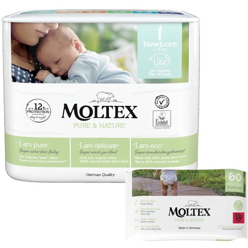 Moltex Pelene Pure&Nature 1, 2-5 kg, 22/1+ Vlažne maramice, 60 komada Cene