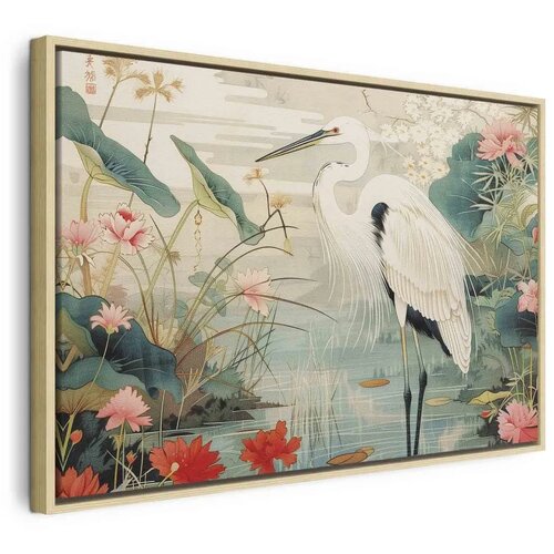  Slika - By an Asian pond - an illustration in the style of a Japanese engraving  depicting a heron 60x40 U prirodnom drvenom okv Cijene