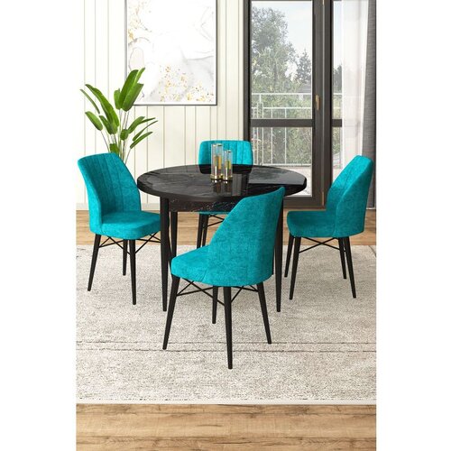 Hanah home Rox - Black Marble, Turquoise Black MarbleTurquoise Dining Table & Chairs Set (5 Pieces) Cene