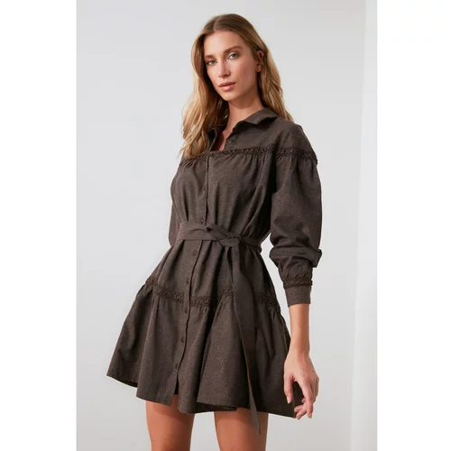 Trendyol Brown Belted Lace Detailed Shirt Dress