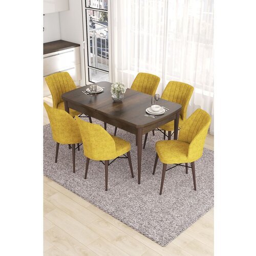 Hanah home Eva - Baroque, Mustard BaroqueMustard Extendable Dining Table & Chairs Set (7 Pieces) Cene