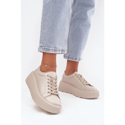 EVENTO Leather Sneakers on a Thick Platform Beige Sylvessa Slike